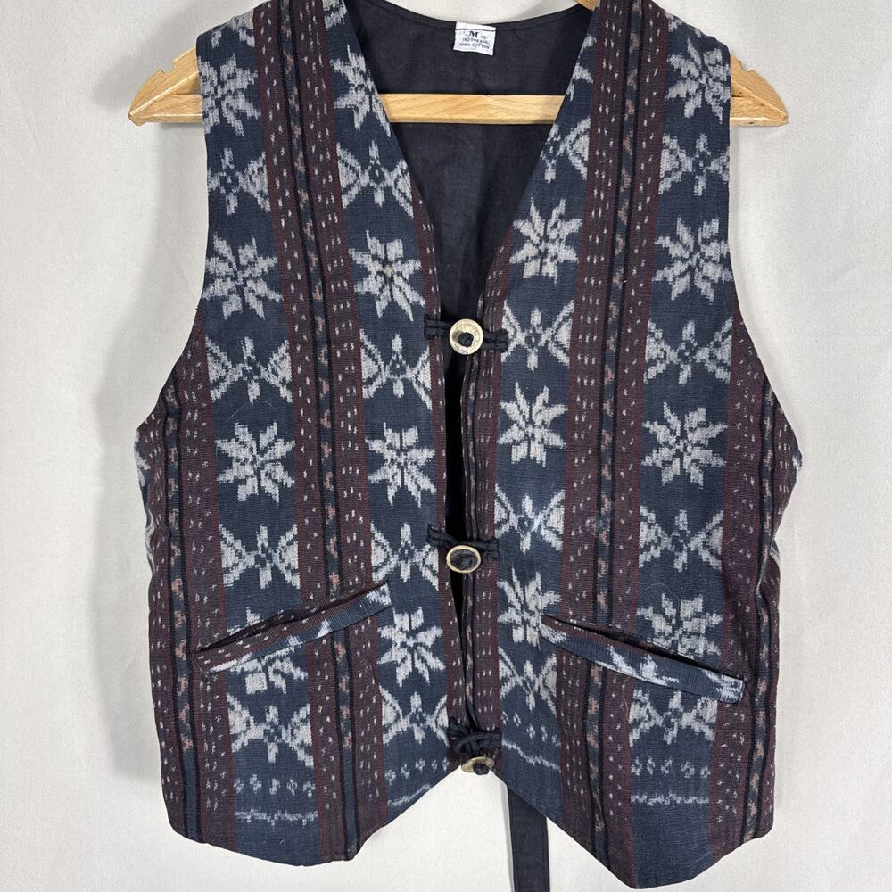 Women’s M Ikat Woven Vest Boho Ethnic Tribal Coin Button Blue Burgundy Cotton